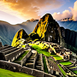 **Machu Picchu at Dawn:** Panoramic view of the ancient Inca city of Machu Picchu at sunrise, bathed in soft golden light. Misty veils gently embrace the lush green mountains, highlighting the intricate stone terraces and structures, evoking a mystical and timeless atmosphere.