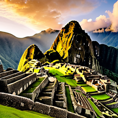 Home 7 **Machu Picchu at Dawn:** Panoramic view of the ancient Inca city of Machu Picchu at sunrise, bathed in soft golden light. Misty veils gently embrace the lush green mountains, highlighting the intricate stone terraces and structures, evoking a mystical and timeless atmosphere.