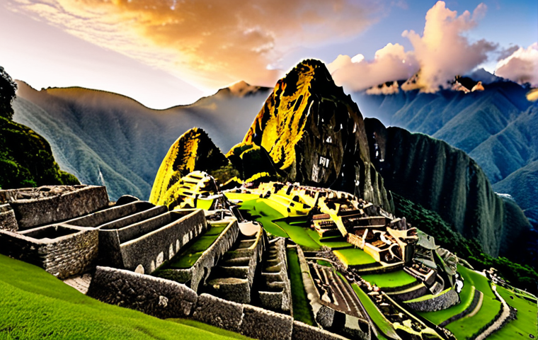 **Machu Picchu at Dawn:** Panoramic view of the ancient Inca city of Machu Picchu at sunrise, bathed in soft golden light. Misty veils gently embrace the lush green mountains, highlighting the intricate stone terraces and structures, evoking a mystical and timeless atmosphere.