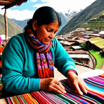 A person fully clothed in modest, comfortable, and colorful traditional Peruvian-inspired textiles, meticulously working on an intricate handwoven scarf at an authentic outdoor market stall in Pisac, Peru. The background showcases other handcrafted goods and the vibrant, bustling atmosphere of the market with the lush green Sacred Valley mountains under natural light. The subject displays perfect anatomy, correct proportions, and a natural pose, with well-formed hands properly engaged in their craft. This image is safe for work, appropriate content, and family-friendly, rendered with professional photography and high quality.