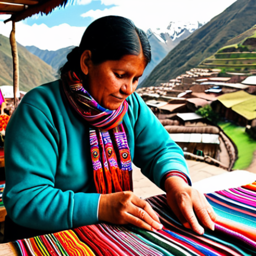 A person fully clothed in modest, comfortable, and colorful traditional Peruvian-inspired textiles, meticulously working on an intricate handwoven scarf at an authentic outdoor market stall in Pisac, Peru. The background showcases other handcrafted goods and the vibrant, bustling atmosphere of the market with the lush green Sacred Valley mountains under natural light. The subject displays perfect anatomy, correct proportions, and a natural pose, with well-formed hands properly engaged in their craft. This image is safe for work, appropriate content, and family-friendly, rendered with professional photography and high quality.