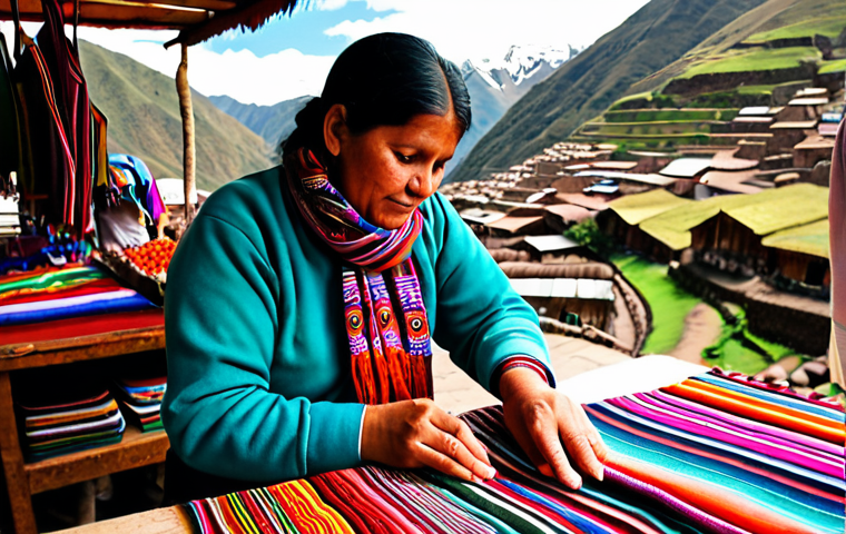A person fully clothed in modest, comfortable, and colorful traditional Peruvian-inspired textiles, meticulously working on an intricate handwoven scarf at an authentic outdoor market stall in Pisac, Peru. The background showcases other handcrafted goods and the vibrant, bustling atmosphere of the market with the lush green Sacred Valley mountains under natural light. The subject displays perfect anatomy, correct proportions, and a natural pose, with well-formed hands properly engaged in their craft. This image is safe for work, appropriate content, and family-friendly, rendered with professional photography and high quality.