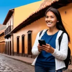페루 여행자 추천 필수 어플 - **Prompt:** "A solo female traveler, mid-20s, with a warm smile, stands confidently on a vibrant cob...