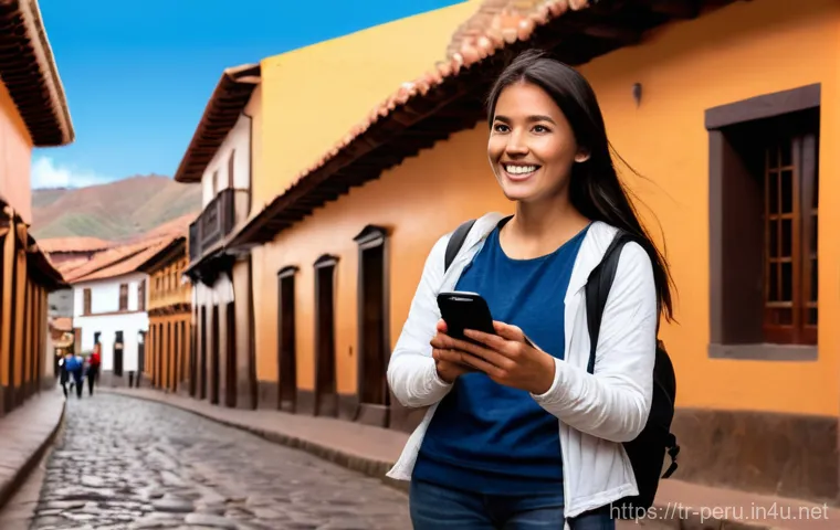 페루 여행자 추천 필수 어플 - **Prompt:** "A solo female traveler, mid-20s, with a warm smile, stands confidently on a vibrant cob...