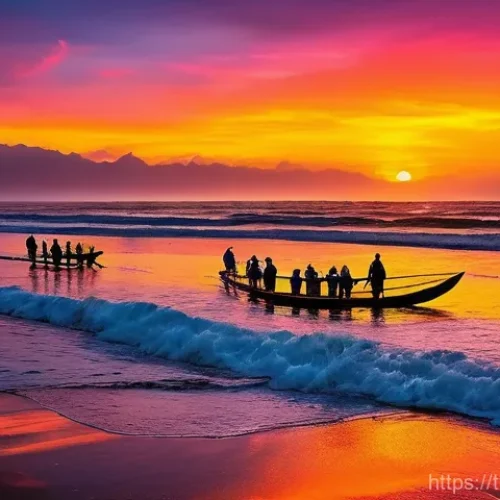 페루 해변 여행지 추천 - **Vibrant Sunset Surf in Northern Peru:** A dynamic, wide-angle shot capturing a lively sunset on th...