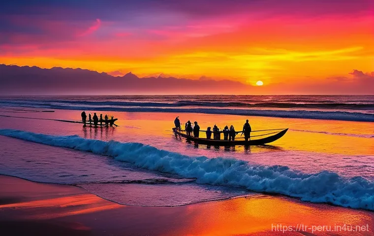 페루 해변 여행지 추천 - **Vibrant Sunset Surf in Northern Peru:** A dynamic, wide-angle shot capturing a lively sunset on th...