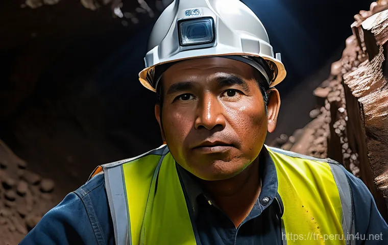 페루의 주요 산업 및 경제 동향 - A realistic, high-resolution photograph showcasing a dedicated Peruvian miner deep within a modern, ...