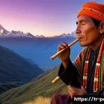 페루에서 사용되는 민속 악기 - **"Mystic Andean Siku Melody"**: A serene, wide-angle shot of a male musician, gently playing a trad...