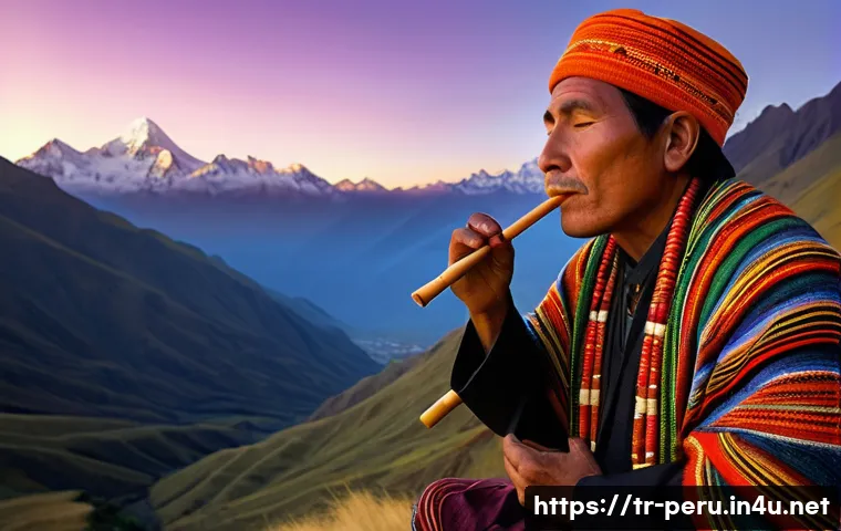페루에서 사용되는 민속 악기 - **"Mystic Andean Siku Melody"**: A serene, wide-angle shot of a male musician, gently playing a trad...